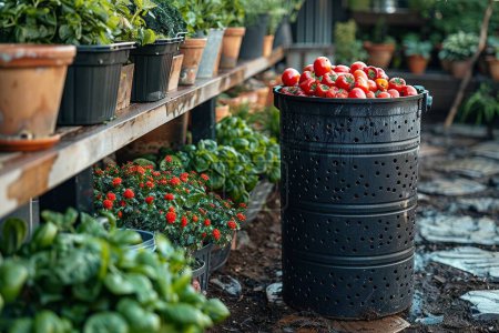 Kompostierungsbehälter im Garten im Hinterhof, Förderung des Recyclings von Bioabfällen