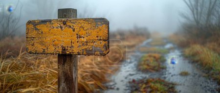 Weathered signpost at a crossroads on a foggy morning, showcasing the timeless authenticity and natural elegance of rural landscapes
