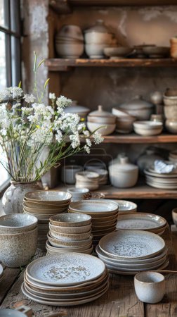 Pottery in a rustic setting, revealing the imperfect charm and textured landscapes of artisanal work