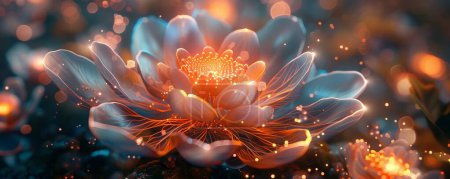 Innovation blossoms as a mechanical flower radiates light and energy, sparking creativity