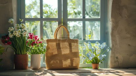 Bolso de paja artesanal junto a una ventana abierta, luz de la mañana que proyecta sombras sobre jacinto y flores de clavel
