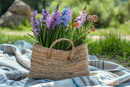 Una toma aérea captura una bolsa de paja llena de jacinto y clavel en una manta de picnic, bajo cielos soleados, exudando alegría