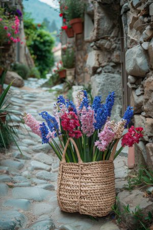Straw bag crafted with a mix of hyacinth and carnation flowers, on an old stone pathway, historical charm