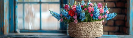 Sac en paille tissant une tapisserie florale avec jacinthe, fleurs d'oeillets, révélant une texture tissée à la main dans une douce lueur du matin