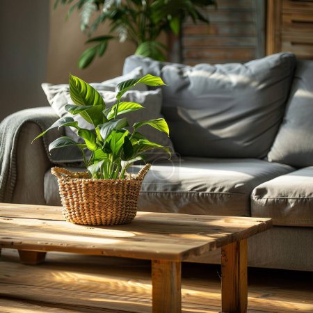 Schickes urbanes Wohnzimmerdesign mit Holztisch, grüner Zimmerpflanze und grauem Sofa, das Stil ausstrahlt.