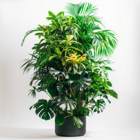Eine Indoor-Oase mit tropischen Pflanzen vor weißem Hintergrund fördert nachhaltiges Leben durch lebendige Farben und natürliche Schönheit