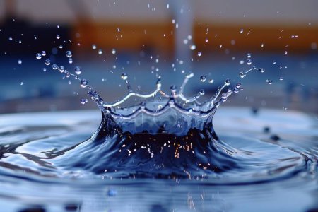 In der Zeit eingefroren, fangen lebendige Wassertröpfchen vor blauem Hintergrund Flüssigkeit und Energie ein.