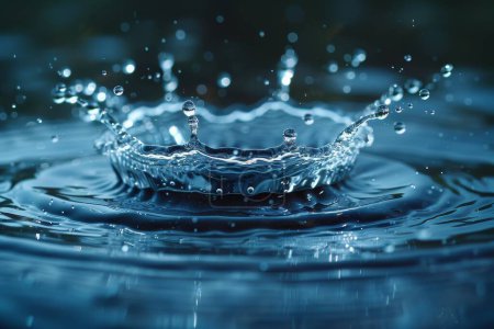Water droplets frozen, dynamic energy, clear blue backdrop, essence of fluid movement.