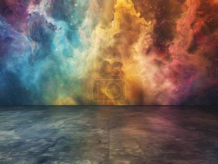 Photo for Urban graffiti blends with cosmic nebula, iridescent textures and vintage polka dots for a unique wallpaper - Royalty Free Image