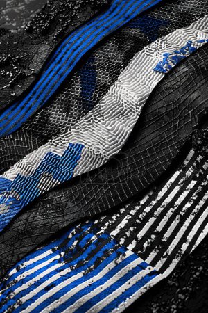 Modern abstract art in black and blue with dynamic stripes, triangles, and a 3D cut paper effect, evoking a futuristic, high-tech vibe.