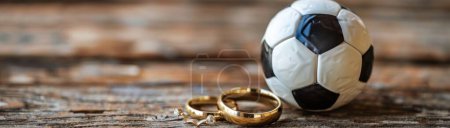 Wedding rings and a soccer ball symbolize this sporty couple's love for both elegance and athleticism