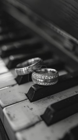 Téléchargez les photos : Anneaux de mariage sur touches piano, photographie noir et blanc - en image libre de droit