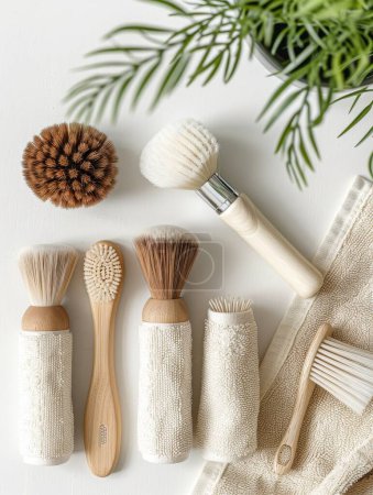 Eco-friendly beauty tools displayed with sustainable accessories in an elegant white arrangement.