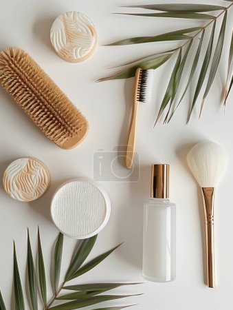 Eco-friendly beauty tools on white, sustainable accessories, arranged elegantly.