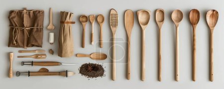 La maqueta de utensilios de cocina ecológicos muestra herramientas de cocina sostenibles con un diseño blanco minimalista.