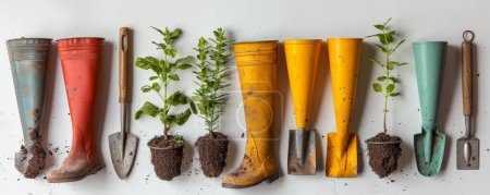 Téléchargez les photos : Fournitures de jardinage biologique fond blanc, outils de jardinage respectueux de l'environnement, affichage clair - en image libre de droit