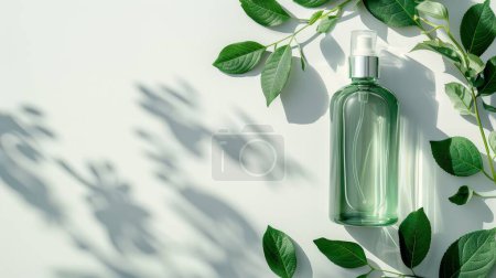 Producto sostenible con un fondo blanco, un diseño de botella verde y una plantilla ecológica minimalista.