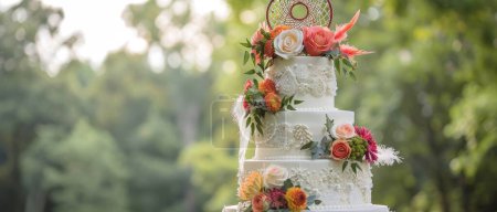 A whimsical, outdoor festival wedding featured a bohemian tiered cake with edible watercolor painted flowers and feathers.
