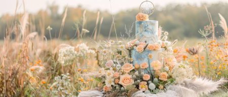 Un mariage fantaisiste de festival en plein air comportait un gâteau bohème orné de fleurs et de plumes d'aquarelle, surmonté d'un attrape-rêves.