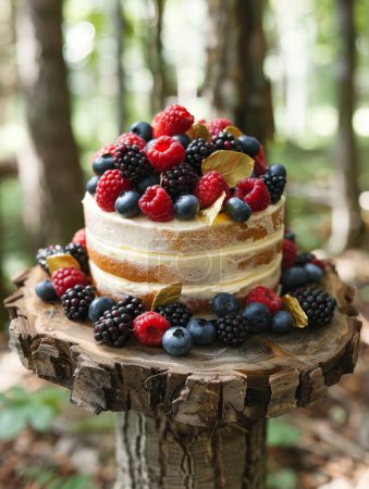 Chic, naked cake adorned with gold leaf and seasonal berries, set on a rustic wood slice in a bohemian forest wedding setting.