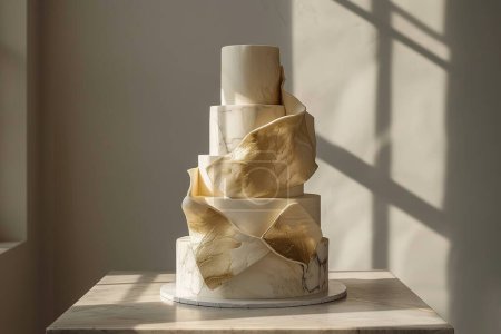 Modernes, minimalistisches Ambiente ergänzt die zeitgenössische vegane Torte mit weißem Marmoreffekt und geometrischen Goldeinlagen.
