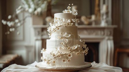 An elegant three tier wedding cake adorned with lace, in a lantern lit garden at sunset, exudes romance.