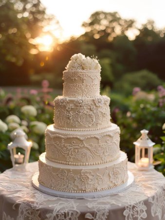 Three tier cake with lace details, in lantern lit garden, creates a romantic sunset setting.