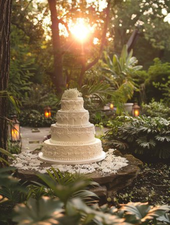 Three tier wedding cake with lace details, in a lantern lit garden setting at sunset, exudes elegance.