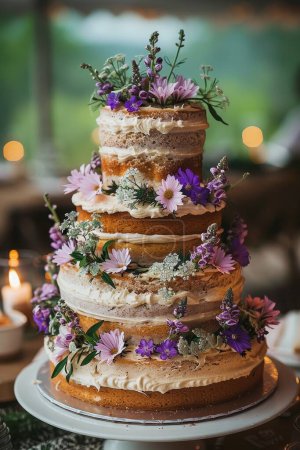 Eine rustikale nackte Torte mit Buttercreme, frischen Blumen und viel Grün, die an einem umweltfreundlichen Hochzeitsort im Freien präsentiert wird.