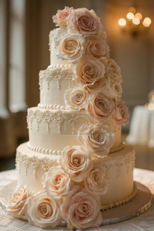 Vintage cake featuring edible pearl cascade and lace detail on antique stand in a romantic, historic setting.