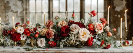 Photo for A magical wedding at a fairy tale castle, adorned with autumn twilight, velvet, lace, antique gold candelabras, and starry lighting - Royalty Free Image