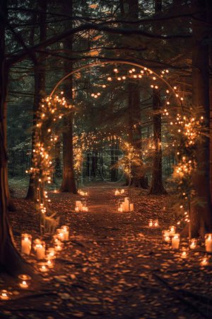 Zauberhafte Waldhochzeit mit magischem grünen Bogen, Nachtlichtern und eleganten goldenen Kerzenständern