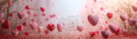 Heart shaped design elements on a Valentine's Day banner, red and pink tones, festive and romantic atmosphere
