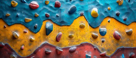 Indoor rock climbing gym, climbers scaling colorful routes, dynamic angles, adventurous and challenging