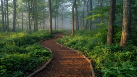 Sentier forestier tranquille tôt le matin, brouillard suspendu bas, lumière du soleil traversant les arbres, paisible et mystérieux