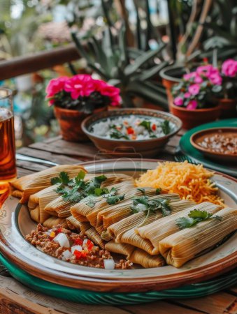 Eine gemütliche Küchenszene mit einer Platte hausgemachter mexikanischer Tamales und Pozol, die traditionelle Stimmung verströmen