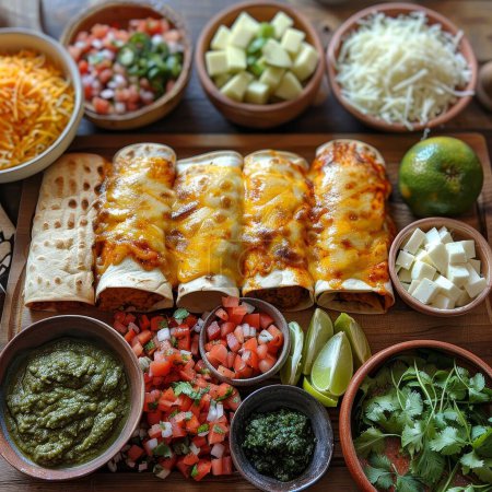 Mexikanisches Familientreffen mit Enchiladas, Tortas, Tamales und festlichem Dekor schafft einen lebendigen Brotaufstrich für alle