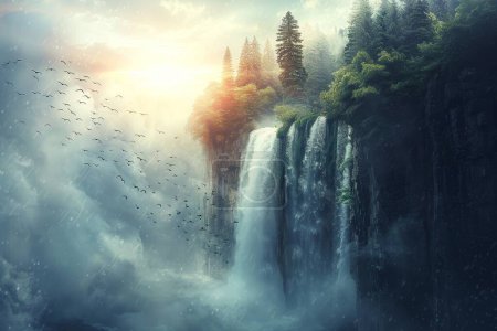 Ein surreales Wunder: Fische springen hinunter, unmöglicher Wasserfall fließt hinauf, heitere Landschaft