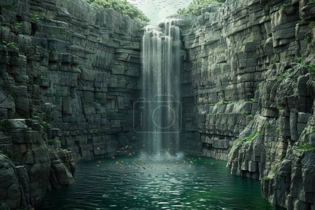 Unmögliche Form eines nach oben fließenden Wasserfalls, Fische springen nach unten, surreales Naturwunder, heitere Landschaft