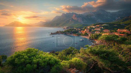 Colorful sunrise over a Mediterranean town, terracotta roofs glowing, peaceful, tourist free morning
