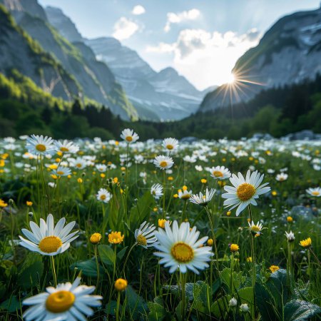 The high altitude meadow glows under the summer sun, wildflowers bloom, invigorating the day