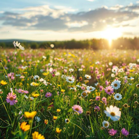 Strahlender Sonnenschein auf einer Hochwiese, blühende Wildblumen, belebender Sommertag