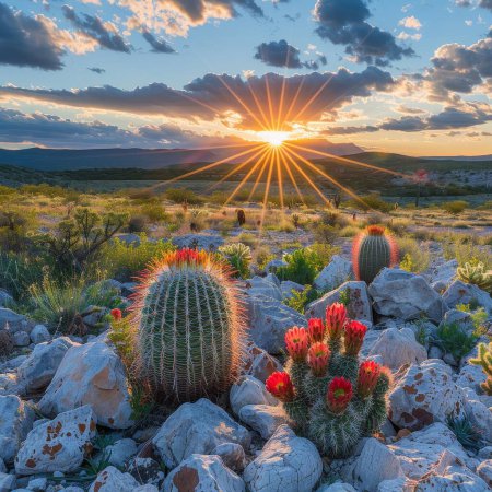 Sun rays casting dramatic shadows in a rocky desert, cacti highlighted, late afternoon warmth
