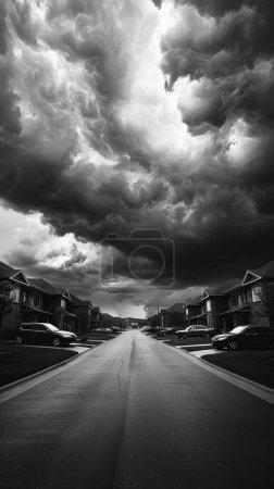 Bedrohliche Wolken ziehen über einer ruhigen Vorstadtstraße auf, Häuser dunkel, unterbrochen von gelegentlichen Blitzen