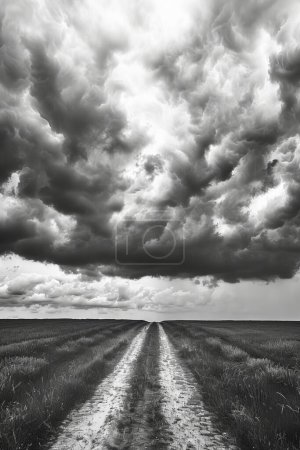 Foto de Espeluznantes sombras se cierne sobre un desolado camino rural con campos solitarios a cada lado, azotados por el viento y sombríos - Imagen libre de derechos