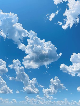El vasto cielo azul sostiene nubes claras y aireadas en un tranquilo día de verano, creando un ambiente sereno y pacífico.