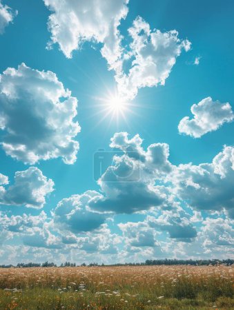L'atmosphère naturelle tranquille par une journée d'été claire et paradisiaque avec des nuages clairs et aérés dans un vaste ciel bleu crée un cadre paisible