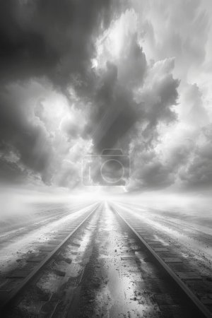Misty, oppressive clouds enveloping a lonely highway, occasional headlights piercing the fog, the road slick and reflective