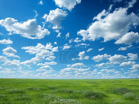 Under the sunny sky, fluffy cumulus clouds peacefully float over a vast natural scenic backdrop
