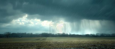 Panoramic view of a stormy sky with hail falling, captured in a rural setting, emphasizing the fierce beauty of nature rainstorm